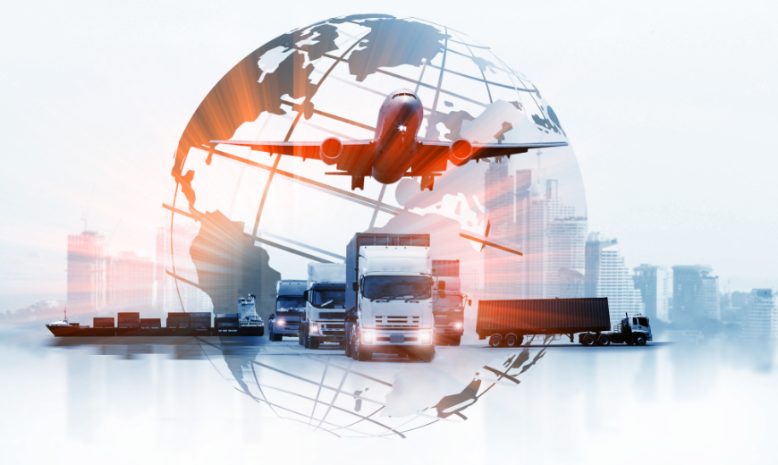 photo of plane, ship and trucks with a background of the city and a globe representing logistics consulting services.