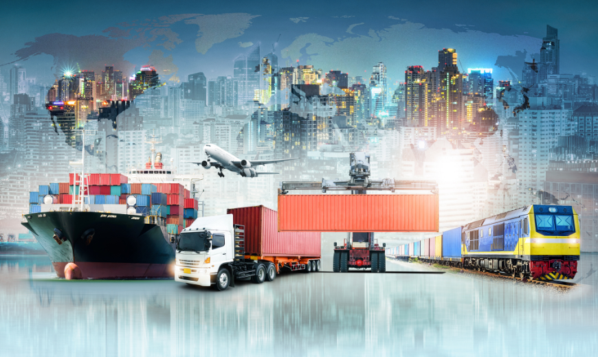 photo displaying the diverse shipping logistics services through air, land and sea.